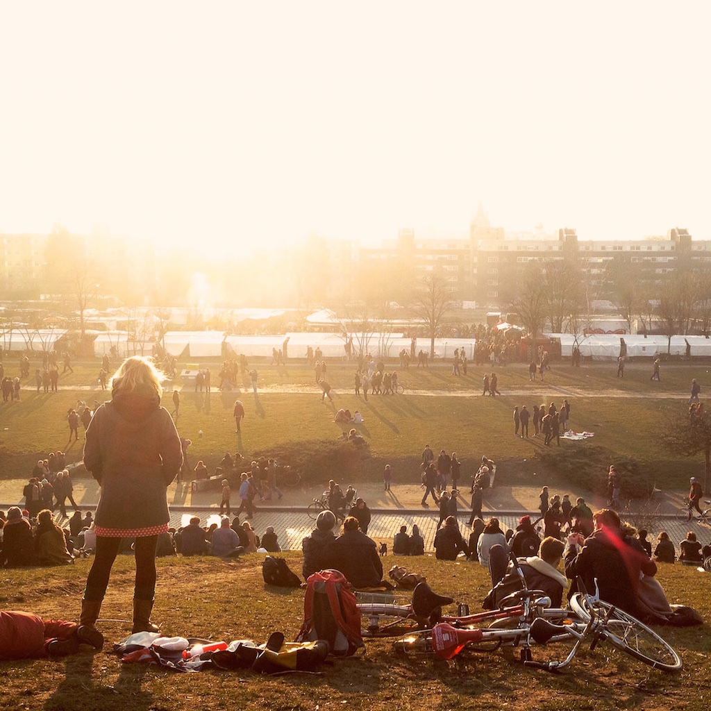 View from the top of the hill as the sun sets over Mauerpark in Berlin